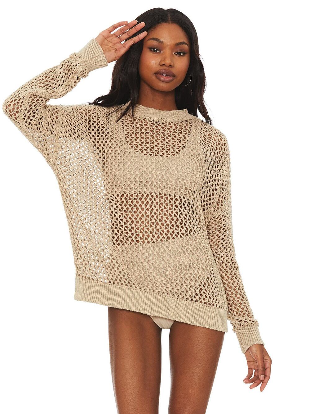 Beach Riot Hilary Sweater Brown Tan Open Knit Sweater Top Size Small 100% Cotton